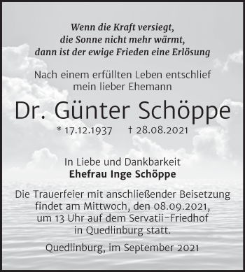 Traueranzeige von Günter Schöppe von Trauerkombi Quedlinburg