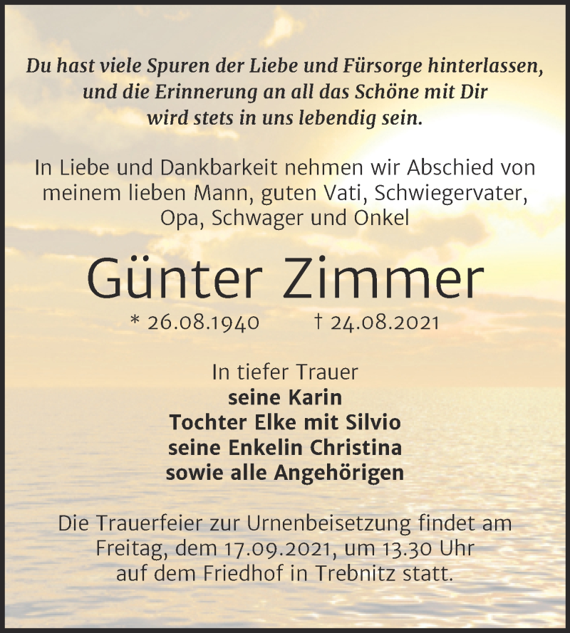  Traueranzeige für Günter Zimmer vom 01.09.2021 aus Trauerkombi Weißenfels