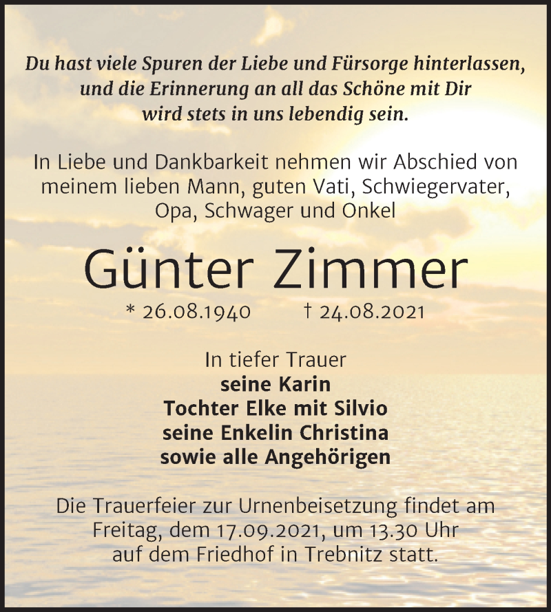  Traueranzeige für Günter Zimmer vom 04.09.2021 aus Trauerkombi Zeitz