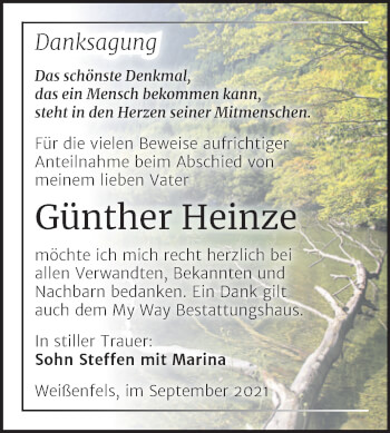 Traueranzeige von Günther Heinze von Trauerkombi Weißenfels