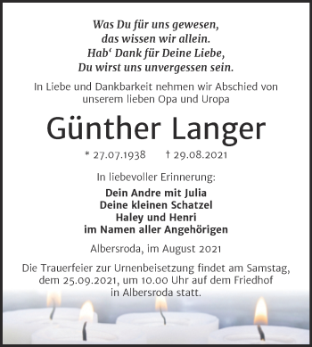 Traueranzeige von Günther Langer von Trauerkombi Merseburg
