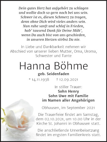 Traueranzeige von Hanna Böhme von Trauerkombi Merseburg