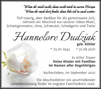 Traueranzeige von Hannelore Dudziak von Trauerkombi Aschersleben