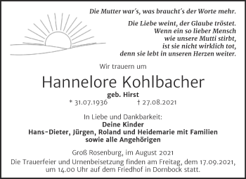 Traueranzeige von Hannelore Kohlbacher von Trauerkombi Köthen