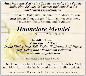 Traueranzeige von Hannelore Mendel von Trauerkombi Quedlinburg