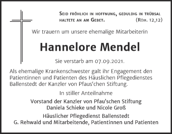 Traueranzeige von Hannelore Mendel von Super Sonntag Quedlingburg