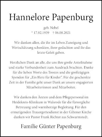Traueranzeige von Hannelore Papenburg von Mitteldeutsche Zeitung Halle/Saalkreis