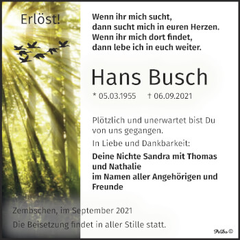 Traueranzeige von Hans Busch von Trauerkombi Weißenfels