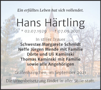 Traueranzeige von Hans Härtling von Trauerkombi Dessau