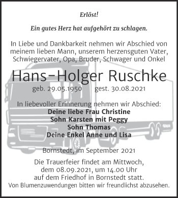 Traueranzeige von Hans-Holger Ruschke von Trauerkombi Mansfelder Land