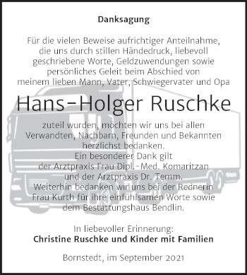 Traueranzeige von Hans-Holger Ruschke von Trauerkombi Mansfelder Land
