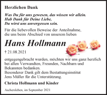 Traueranzeige von Hans Hollmann von Trauerkombi Aschersleben