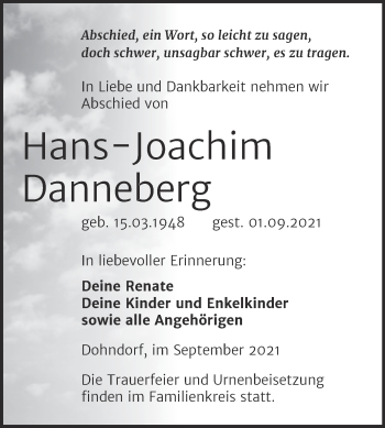Traueranzeige von Hans-Joachim Danneberg von Trauerkombi Köthen