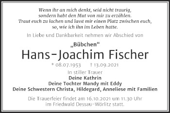 Traueranzeige von Hans-Joachim Fischer von Trauerkombi Dessau