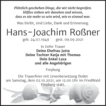 Traueranzeige von Hans-Joachim Roßner von Wochenspiegel Naumburg/Nebra