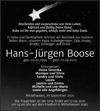 Traueranzeige von Hans-Jürgen Boose von Trauerkombi Sangerhausen