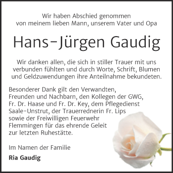 Traueranzeige von Hans-Jürgen Gaudig von Wochenspiegel Naumburg/Nebra