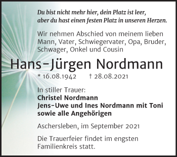 Traueranzeige von Hans-Jürgen Nordmann von Trauerkombi Aschersleben