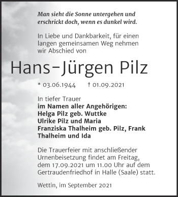 Traueranzeige von Hans-Jürgen Pilz von Mitteldeutsche Zeitung Halle/Saalkreis