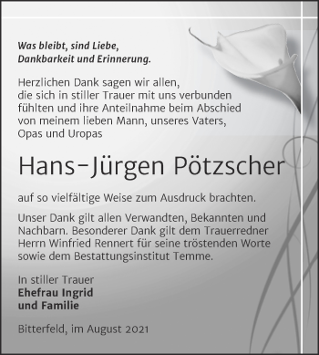 Traueranzeige von Hans-Jürgen Pötzscher von Trauerkombi Bitterfeld