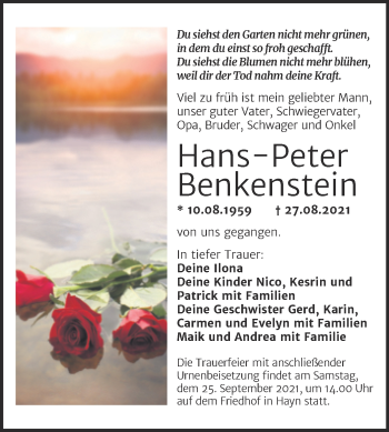 Traueranzeige von Hans-Peter Benkenstein von Trauerkombi Sangerhausen