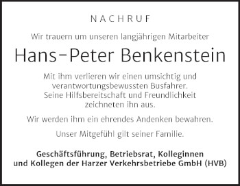 Traueranzeige von Hans-Peter Benkenstein von Mitteldeutsche Zeitung Quedlingburg