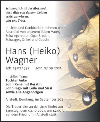 Traueranzeige von Hans Wagner von Trauerkombi Sangerhausen