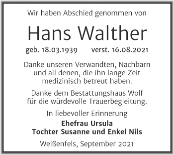 Traueranzeige von Hans Walther von Trauerkombi Weißenfels