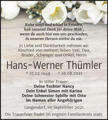 Traueranzeige von Hans-Werner Thümler von Trauerkombi Weißenfels
