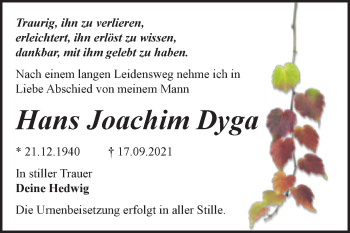 Traueranzeige von Hans Joachim Dyga von Trauerkombi Bitterfeld