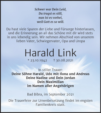 Traueranzeige von Harald Link von Wochenspiegel Naumburg/Nebra