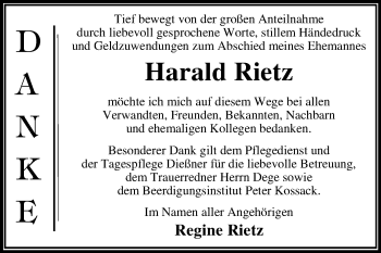 Traueranzeige von Harald Rietz von Trauerkombi Dessau