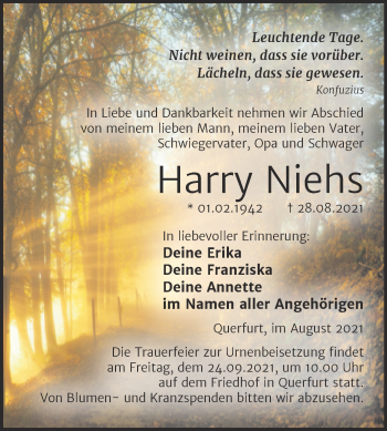 Traueranzeige von Harry Niehs von Mitteldeutsche Zeitung Merseburg/Querfurt