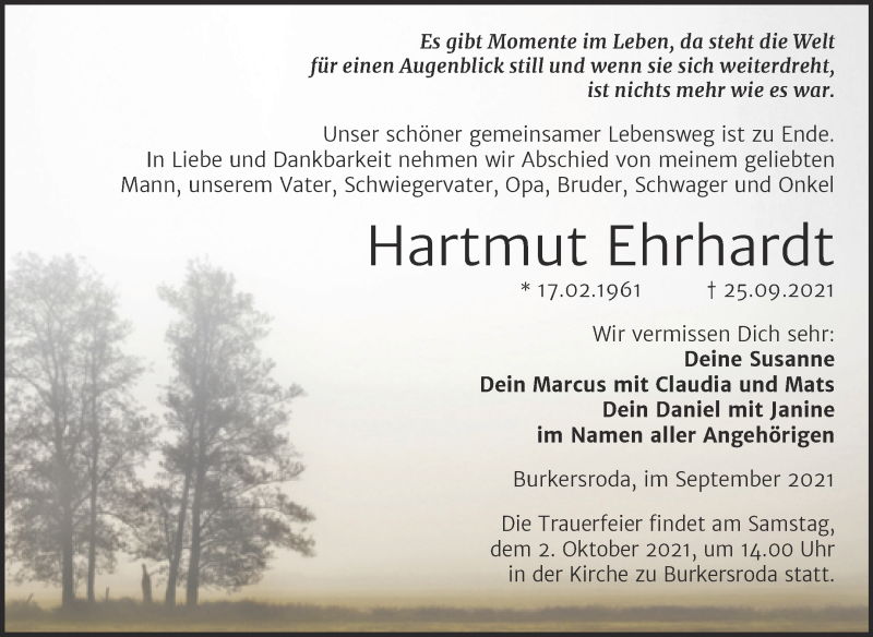  Traueranzeige für Hartmut Ehrhardt vom 29.09.2021 aus Naumburger Tageblatt