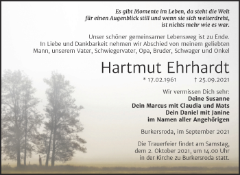 Traueranzeige von Hartmut Ehrhardt von Naumburger Tageblatt