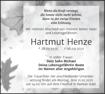 Traueranzeige von Hartmut Henze von Trauerkombi Bitterfeld
