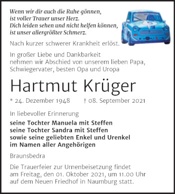 Traueranzeige von Hartmut Krüger von Trauerkombi Merseburg