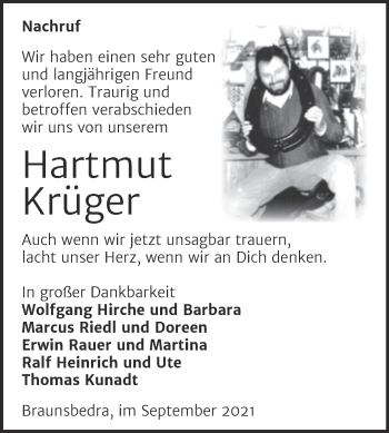 Traueranzeige von Hartmut Krüger von Mitteldeutsche Zeitung Merseburg/Querfurt