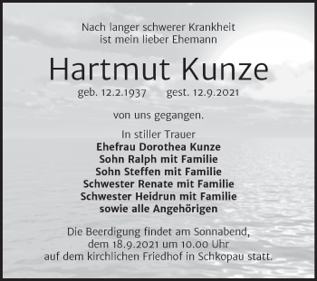 Traueranzeige von Hartmut Kunze von Mitteldeutsche Zeitung Merseburg/Querfurt