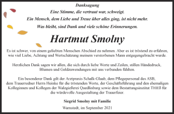 Traueranzeige von Hartmut Smolny von Trauerkombi Quedlinburg