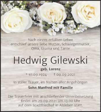 Traueranzeige von Hedwig Gilewski von Trauerkombi Bernburg