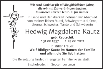 Traueranzeige von Hedwig Magdalena Kautz von Trauerkombi Mansfelder Land