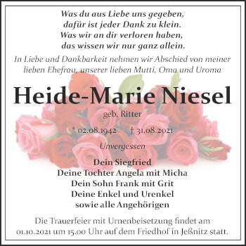 Traueranzeige von Heide-Marie Niesel von Trauerkombi Bitterfeld