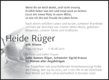 Traueranzeige von Heide Rüger von Trauerkombi Köthen