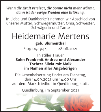 Traueranzeige von Heidemarie Mertens von Trauerkombi Quedlinburg