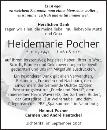 Traueranzeige von Heidemarie Pocher von Trauerkombi Weißenfels