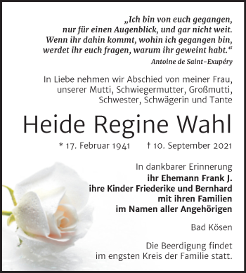 Traueranzeige von Heide Regine Wahl von Naumburger Tageblatt