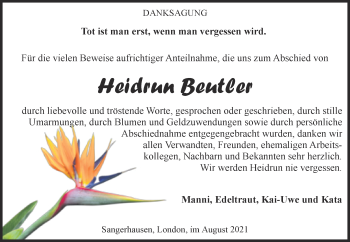 Traueranzeige von Heidrun Beutler von Trauerkombi Sangerhausen