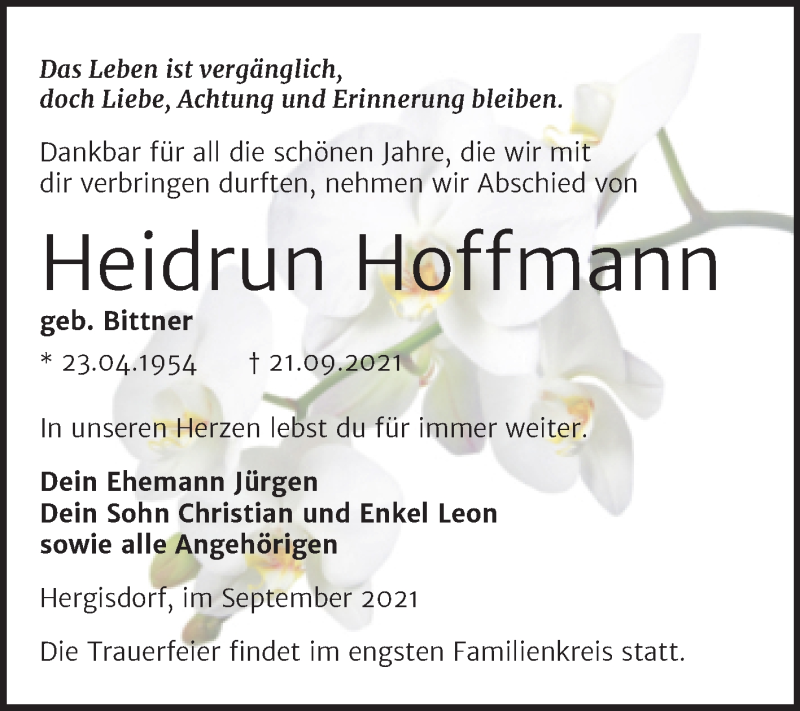  Traueranzeige für Heidrun Hoffmann vom 25.09.2021 aus Trauerkombi Mansfelder Land