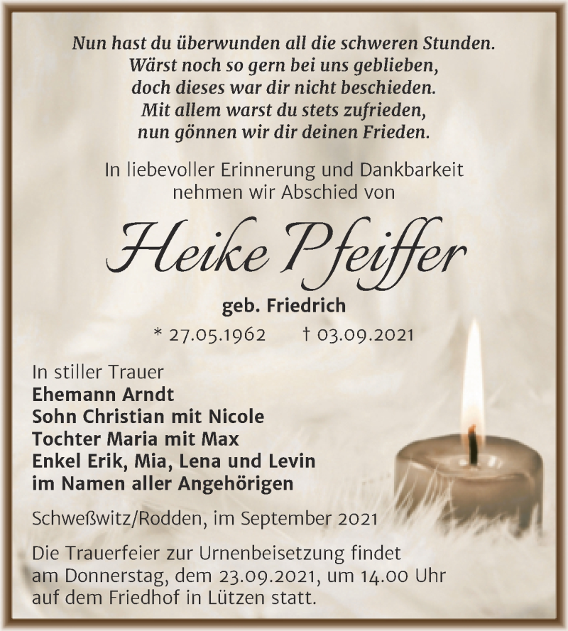  Traueranzeige für Heike Pfeiffer vom 11.09.2021 aus Trauerkombi Weißenfels